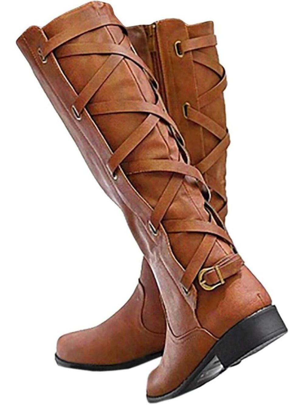 Women's Light Brown Faux Leather Strappy Motorcycle Lace Up Low Heel High Boots